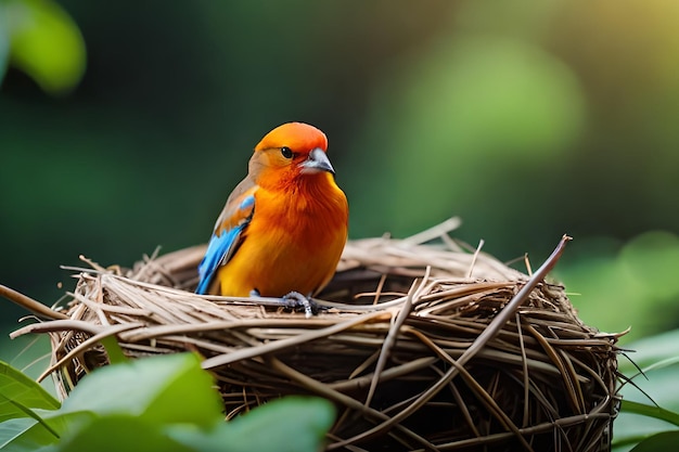 Un pájaro se sienta en un nido con hojas verdes en el fondo.