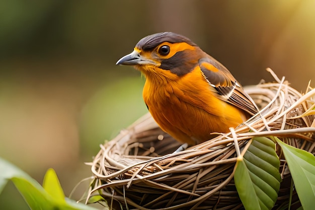 Un pájaro se sienta en un nido con hojas verdes.