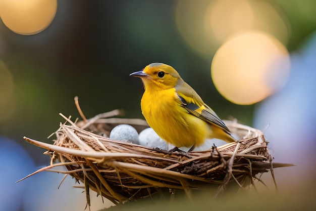 Un pájaro se sienta en un nido con huevos.
