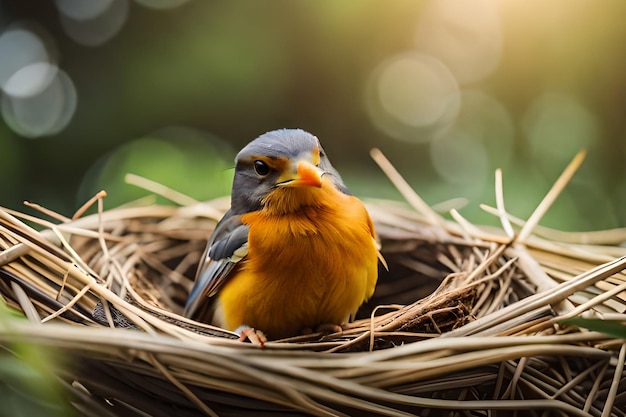 Un pájaro se sienta en un nido con la palabra amor en él.