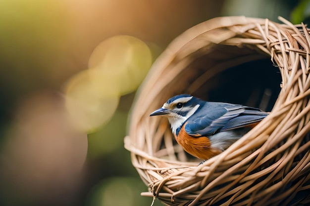 Un pájaro se sienta en un nido sobre un fondo borroso