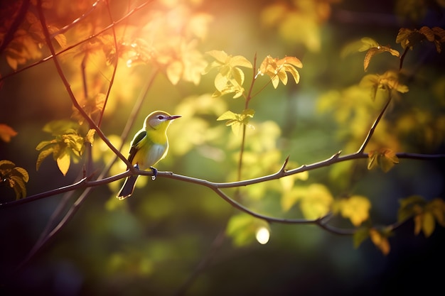 Un pájaro se sienta en una rama al sol.