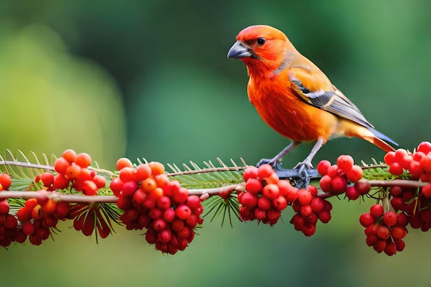 Un pájaro se sienta en una rama de un árbol con bayas rojas.