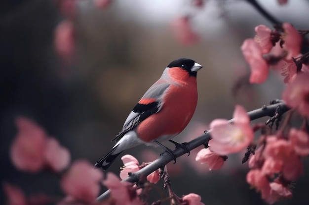 Un pájaro se sienta en una rama de un árbol con flores rosas en el fondo.