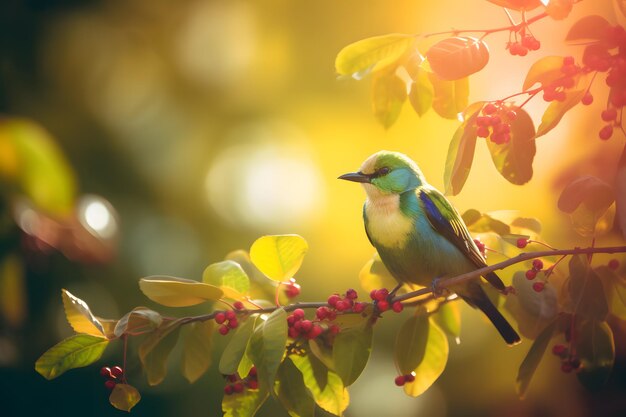 Un pájaro se sienta en una rama con bayas al fondo.