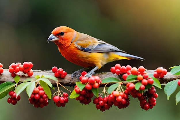 Un pájaro se sienta en una rama con bayas rojas.