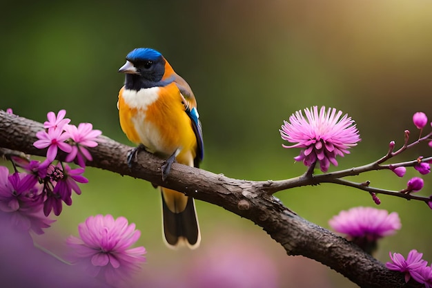 Un pájaro se sienta en una rama con flores de color púrpura en el fondo.