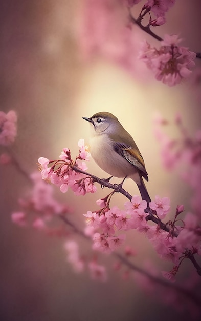 Un pájaro se sienta en una rama de flores rosas.