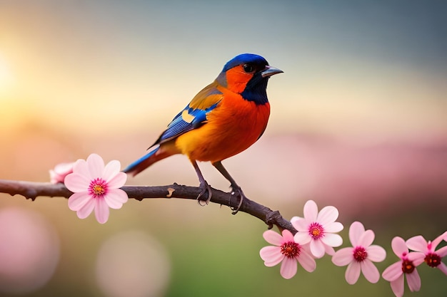 Un pájaro se sienta en una rama con flores rosas.