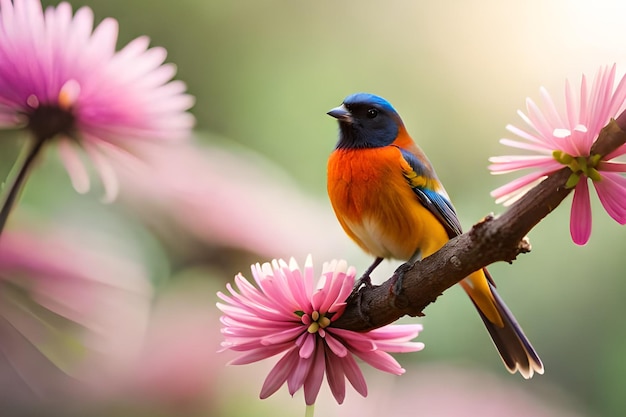 Un pájaro se sienta en una rama con flores rosas.