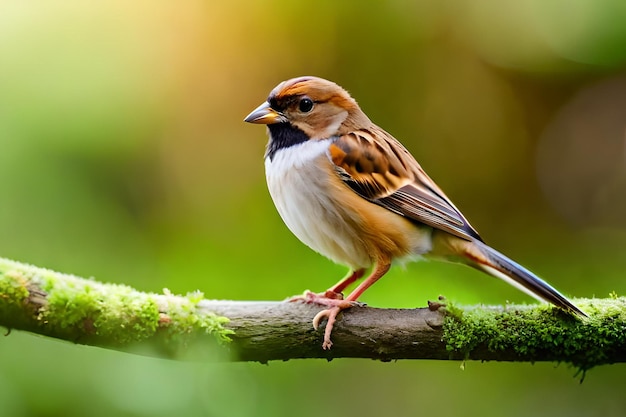 Un pájaro se sienta en una rama con un fondo verde.