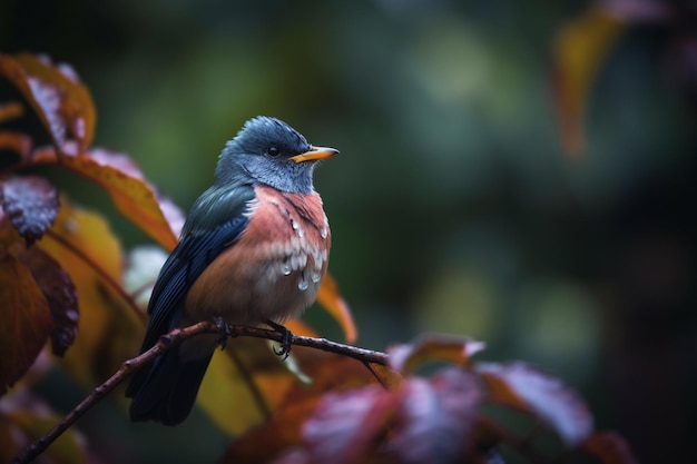 Un pájaro se sienta en una rama con hojas en el fondo.