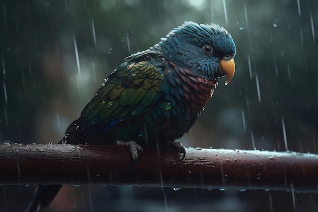 Un pájaro se sienta en una rama bajo la lluvia.