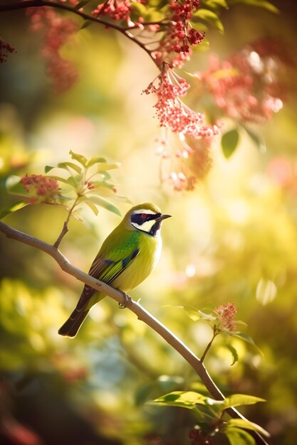 Un pájaro se sienta en una rama a la luz del sol.