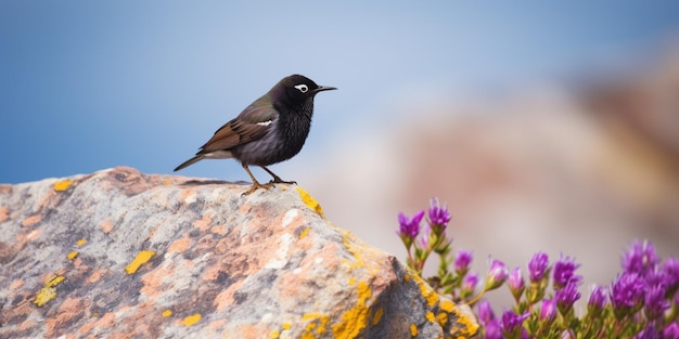 Un pájaro se sienta en una roca con flores de color púrpura en el fondo.