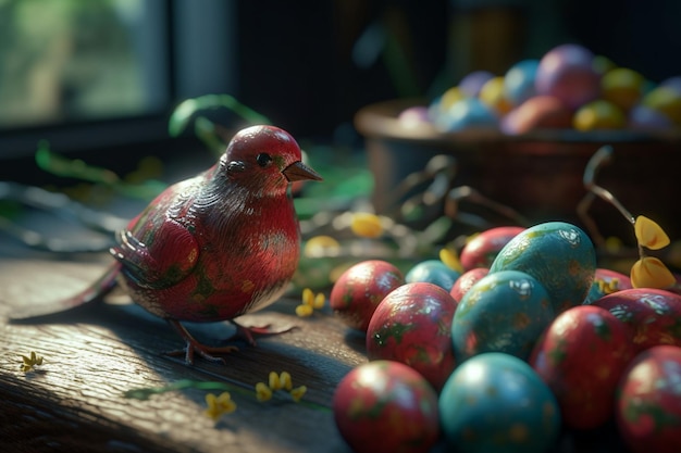 Un pájaro se para sobre una mesa junto a coloridos huevos de Pascua.