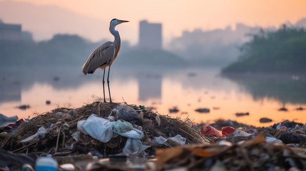 Un pájaro se para sobre un montón de basura frente al horizonte de la ciudad.