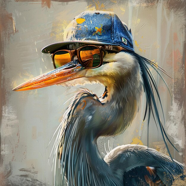 Foto un pájaro con un sombrero y gafas de sol en la cabeza está usando un sombreiro azul