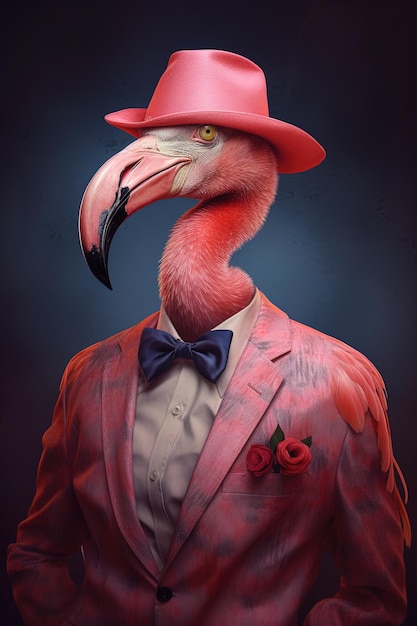 un pájaro con un sombrero rojo y una corbata con un sombreiro rosa en él