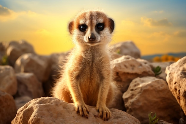 Pájaro suricata posando sobre piedras IA generativa