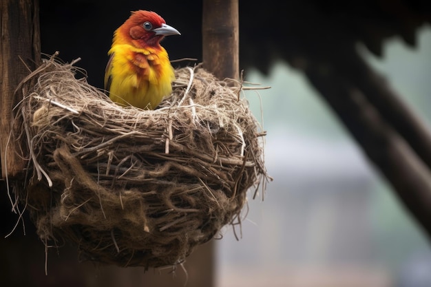 Pájaro tejedor posado en el nido sin humanos visibles