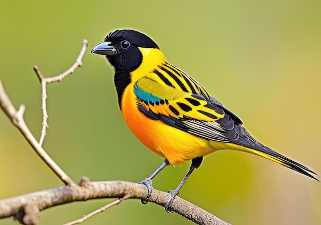 Un pájaro tropical con cabeza negra y cuerpo naranja amarillo se sienta en una rama