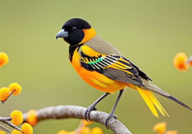 Un pájaro tropical con cabeza negra y cuerpo naranja amarillo se sienta en una rama