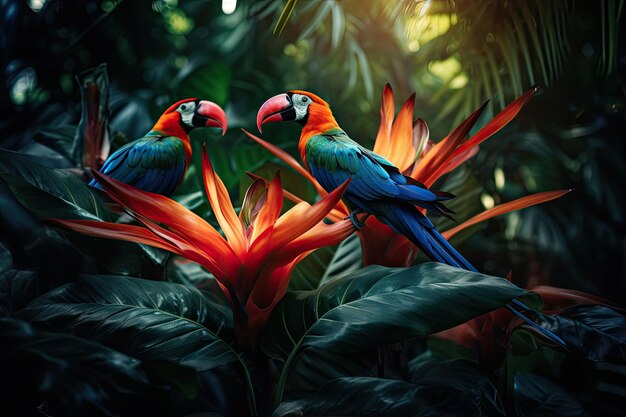 Foto pájaro tropical coloreado y hermosas flores surrealistas ilustración generativa de ia