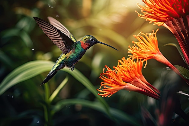 Pájaro tropical de colores y flores surrealistas El colibrí vuela cerca de la flor IA generativa