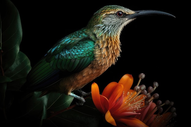 Pájaro tropical de colores y hermosas flores surrealistas IA generativa