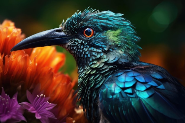 Pájaro tropical de colores y hermosas flores surrealistas IA generativa