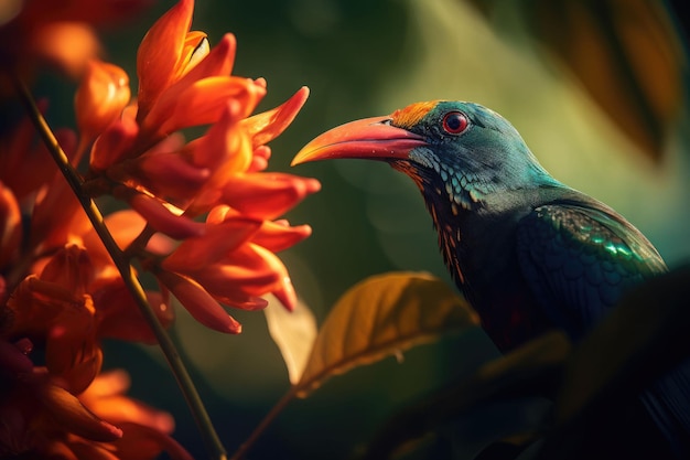 Pájaro tropical de colores y hermosas flores surrealistas IA generativa