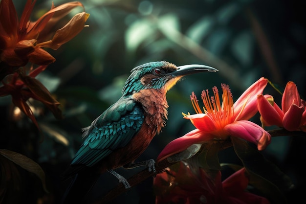 Foto pájaro tropical de colores y hermosas flores surrealistas ia generativa