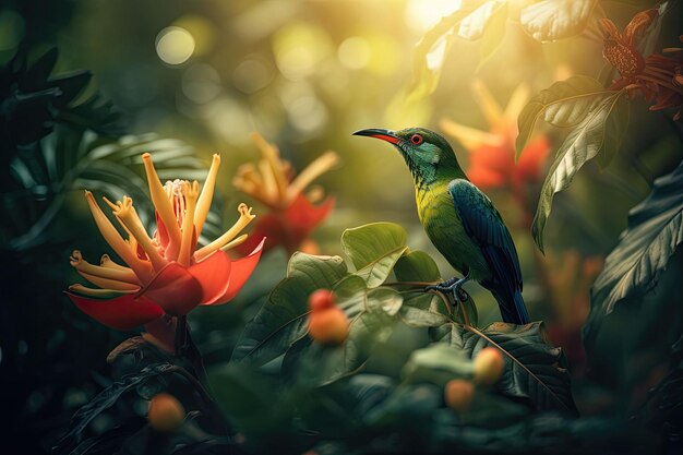 Pájaro tropical de colores y hermosas flores surrealistas IA generativa