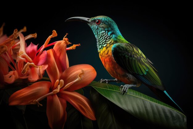 Pájaro tropical de colores y hermosas flores surrealistas Ilustración generativa de IA