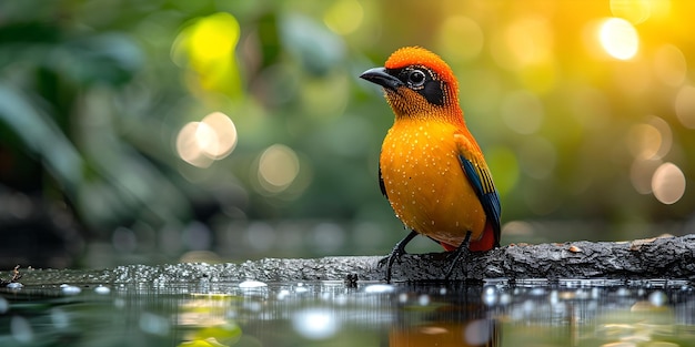 Un pájaro tropical vibrante posado junto al agua fotografía de la naturaleza con colores vívidos escena de vida silvestre serena perfecta para los observadores de aves IA