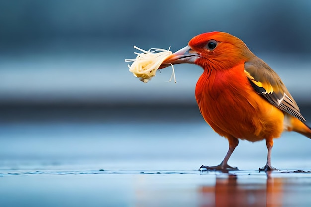 Un pájaro con un trozo de comida en el pico.