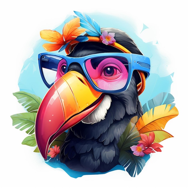 Pájaro tucán multicolor con gafas de sol de pico y ojos de dibujos animados