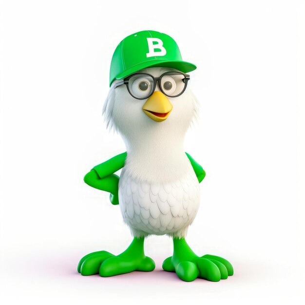 Un pájaro verde con un ab en su sombrero.