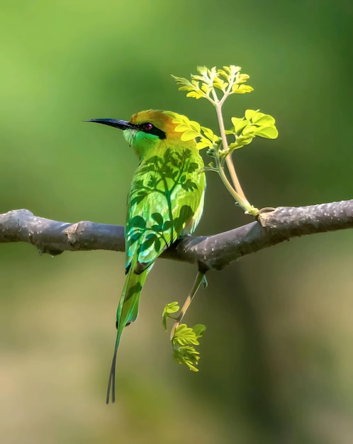 Foto un pájaro verde y amarillo está posado en una rama con hojas.