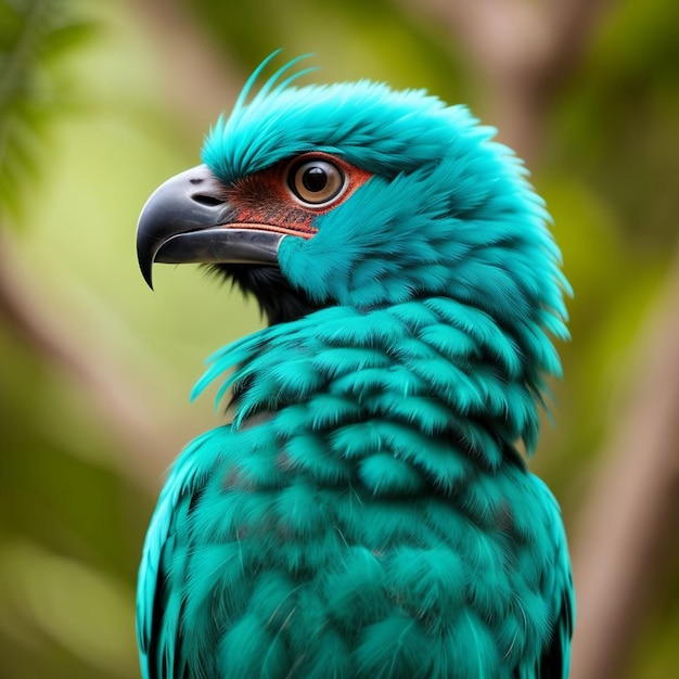 Un pájaro verde y azul con pico negro y ojos rojos.