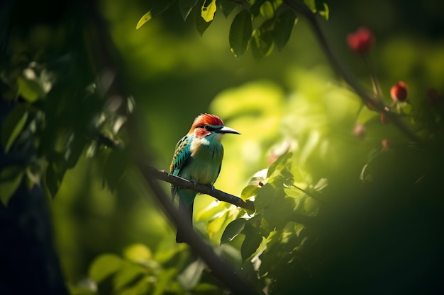 Un pájaro verde y azul se sienta en una rama de un árbol.