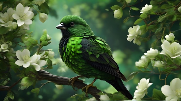 un pájaro verde con una cabeza verde y un pico negro se sienta en una rama