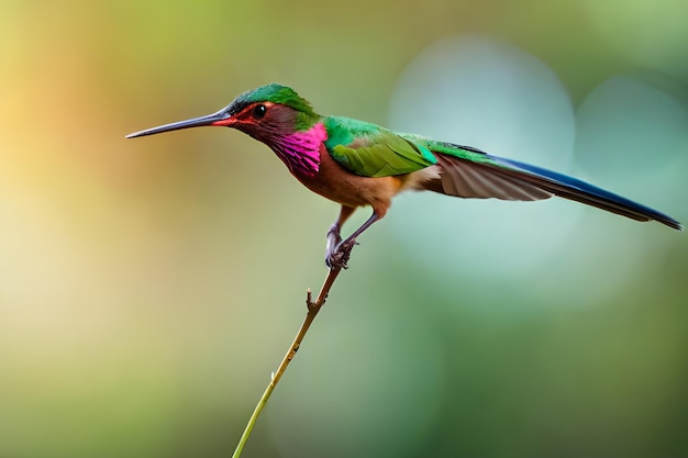 Un pájaro verde y morado con cabeza morada y alas verdes se sienta en una rama.