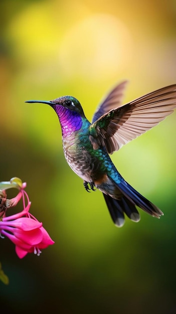 Foto un pájaro violeta volando junto a una hermosa flor rosada en un bosque tropical