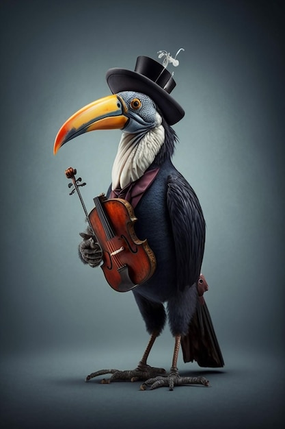 Un pájaro con un violín en la boca.