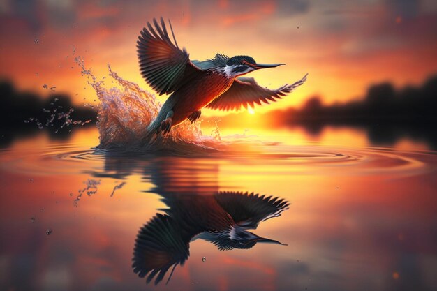 Un pájaro volando en el agua con la puesta de sol detrás de él.