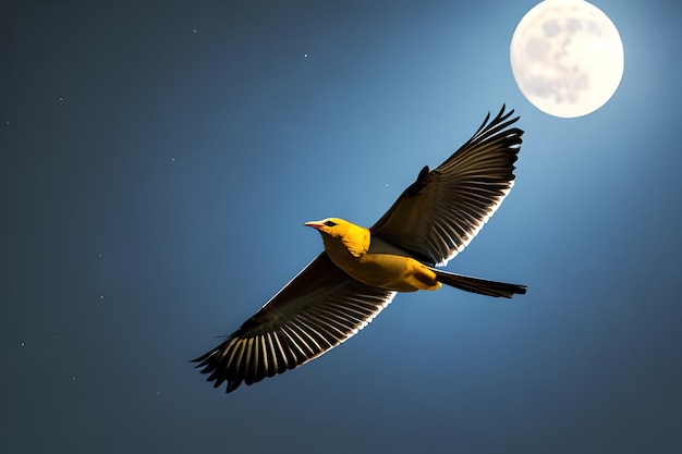 Pájaro volando en el cielo nocturno con la luna detrás de su espacio de copia para pancarta