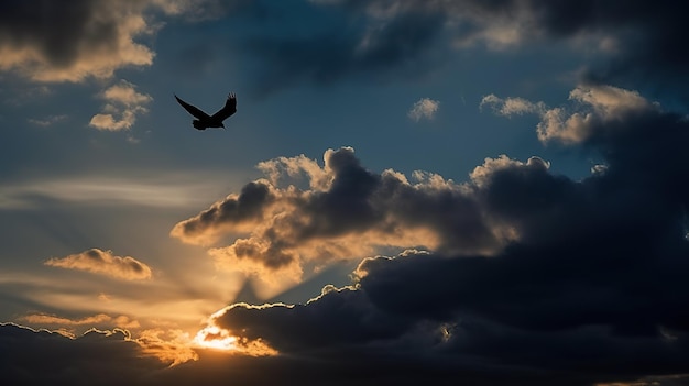Un pájaro volando en el cielo con la puesta de sol detrás de él.