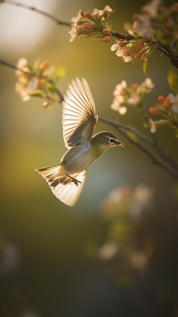 Un pájaro volando frente a un árbol.